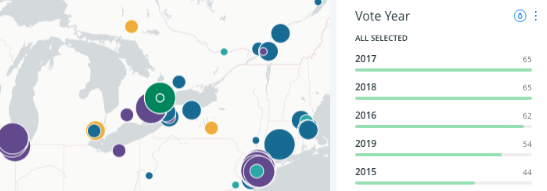 A small image showing map locations and a key on the right hand side that says, "Vote Year"