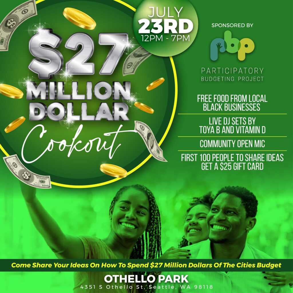 PB Seattle Cookout Flyer Three people smiling for camera on a flyer with a green background
