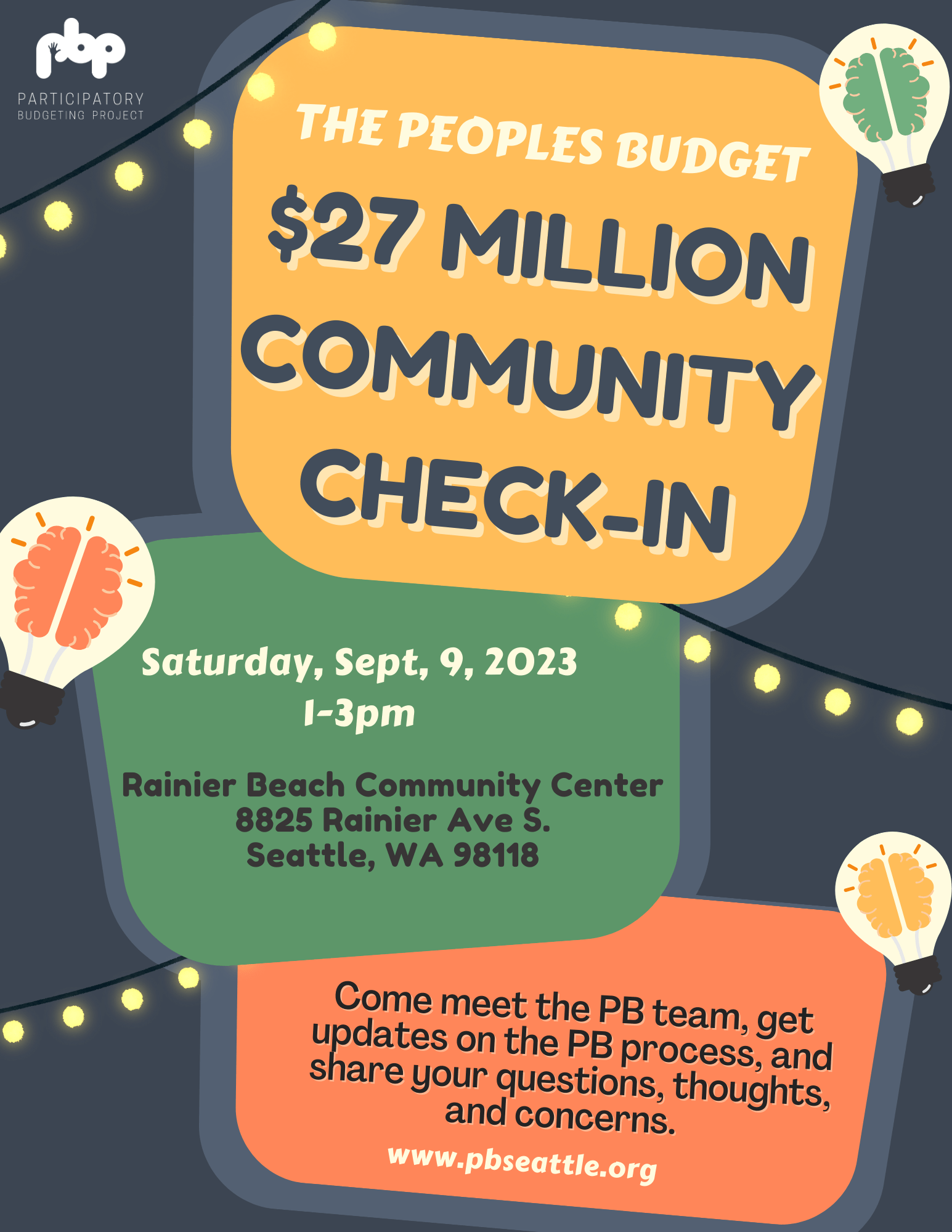 PB Seattle Community Check In poster updated Dark blue background with three colored squares that have event information