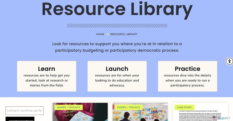 Screenshot of resource library webpage with blue background